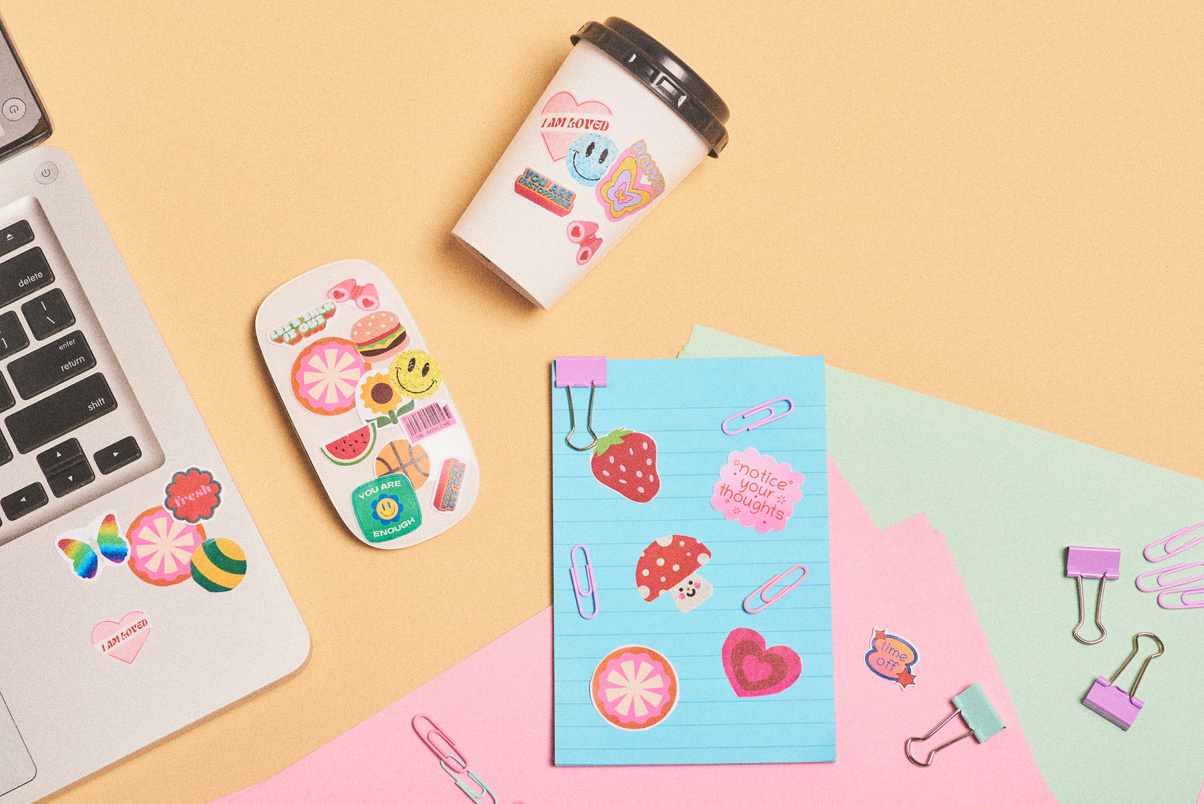  Sticker Moods Gadgets and Stationery with Stickers Flatlay